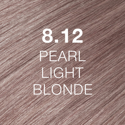 Silky hair texture showcasing the GK Hair's Juxevin Cream Color "8.12 Pearl Light Blonde" in bold white text.