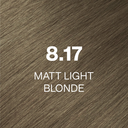 Silky hair texture showcasing the GK Hair's Juxevin Cream Color "8.17 Matt Light Blonde" in bold white text.