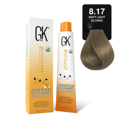 GK Hair's Juvexin 8.17 Matt Light Blonde Cream Color product set including Volume Developer.