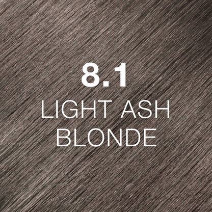 Silky hair texture showcasing the GK Hair's Juxevin Cream Color "8.1 Light Ash Blonde" in bold white text.