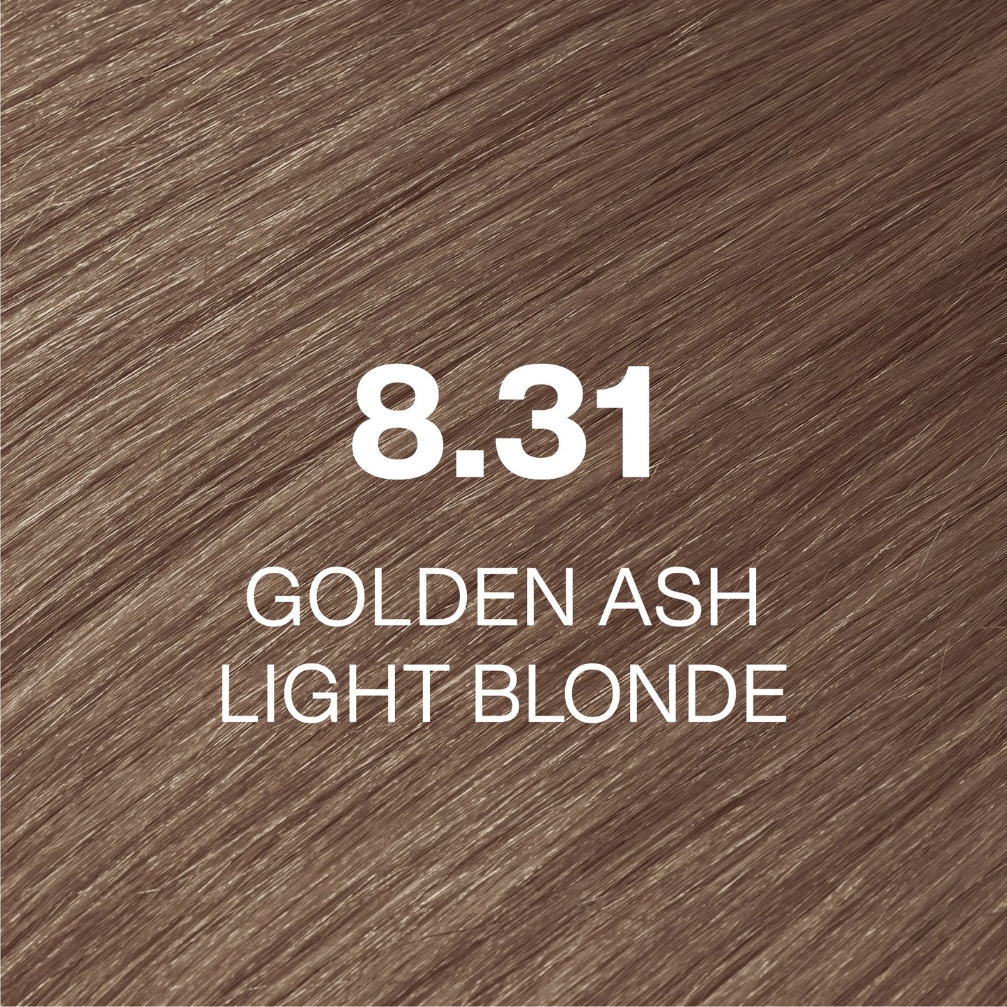 Silky hair texture showcasing the GK Hair's Juxevin Cream Color "8.31 Golden Ash Light Blonde" in bold white text.