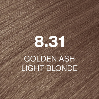 Silky hair texture showcasing the GK Hair's Juxevin Cream Color "8.31 Golden Ash Light Blonde" in bold white text.