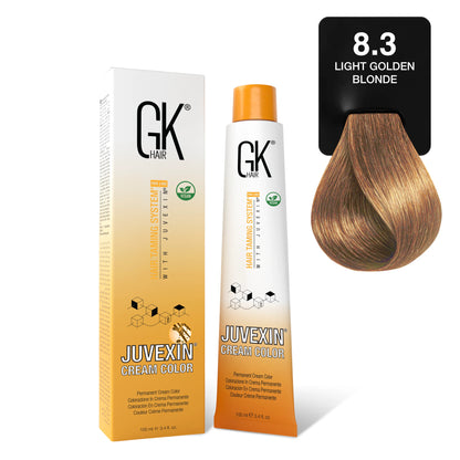 GK Hair's Juvexin 8.3 Light Golden Blonde Cream Color product set including Volume Developer.