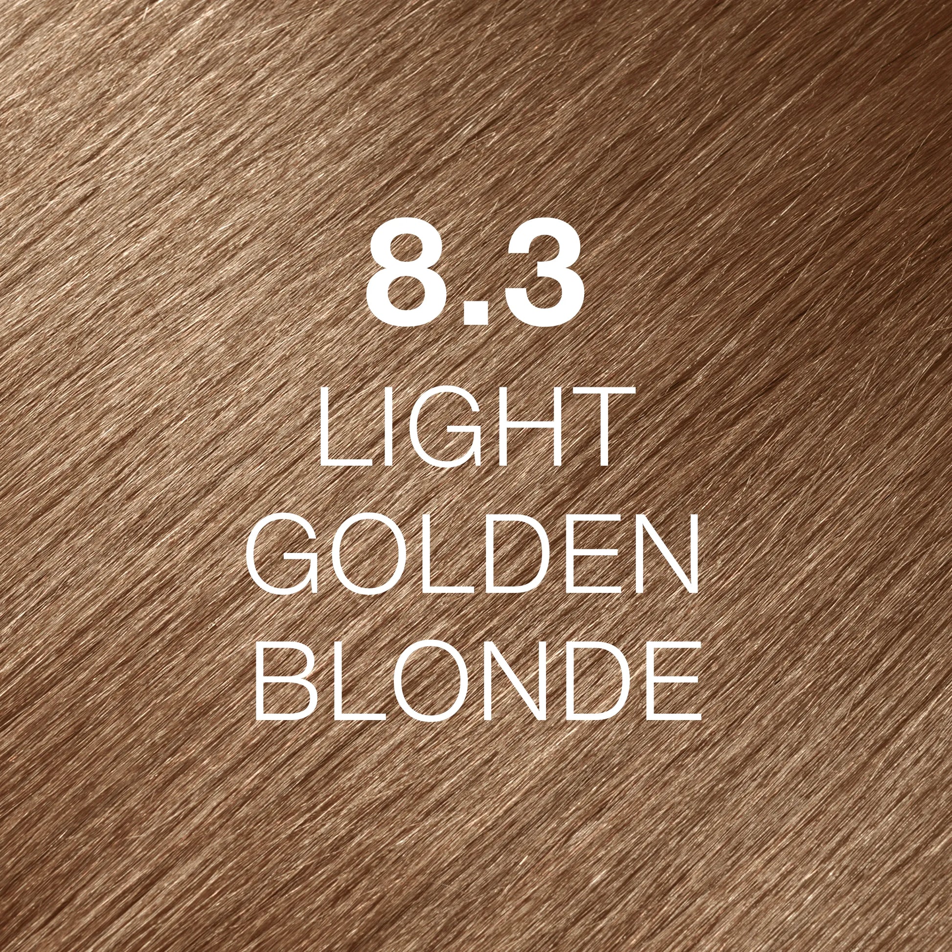 Silky hair texture showcasing the GK Hair's Juxevin Cream Color "8.3 Light Golden Blonde" in bold white text.