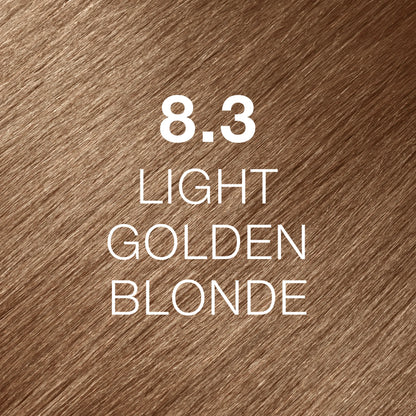 Silky hair texture showcasing the GK Hair's Juxevin Cream Color "8.3 Light Golden Blonde" in bold white text.