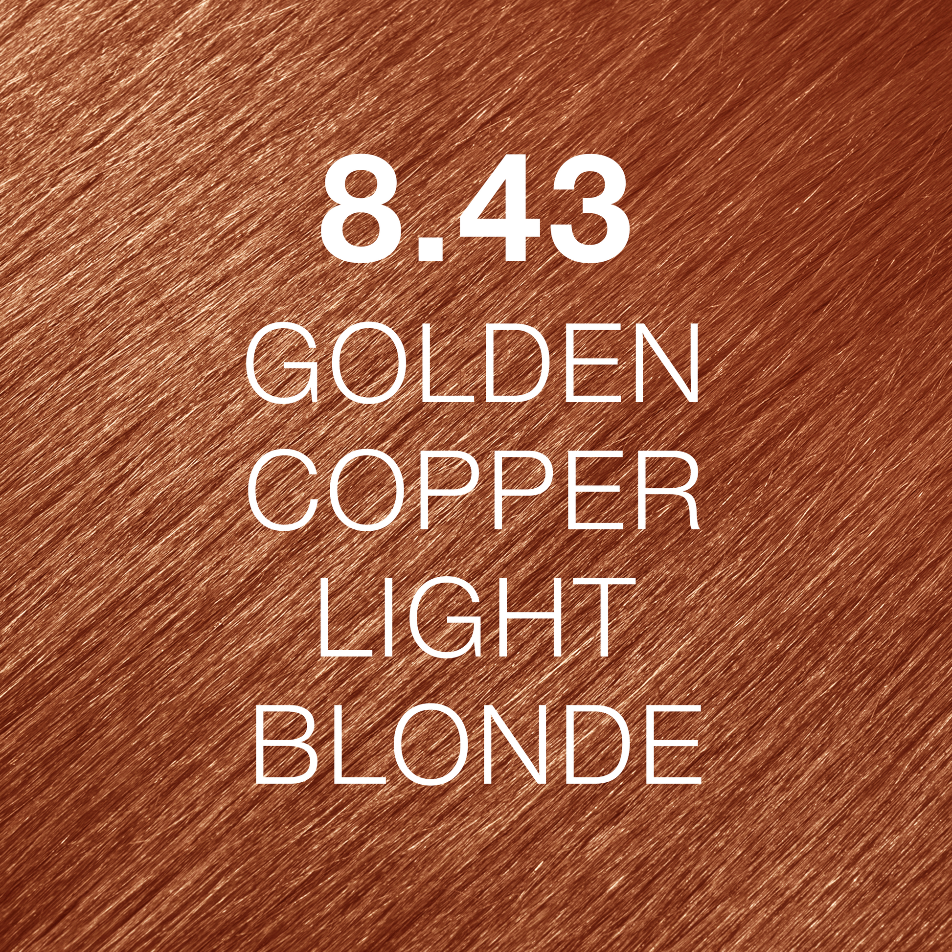 Silky hair texture showcasing the GK Hair's Juxevin Cream Color "8.43 Golden Copper Light Blonde" in bold white text.