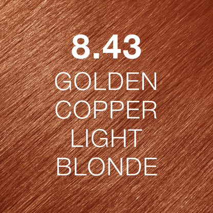 Silky hair texture showcasing the GK Hair's Juxevin Cream Color "8.43 Golden Copper Light Blonde" in bold white text.