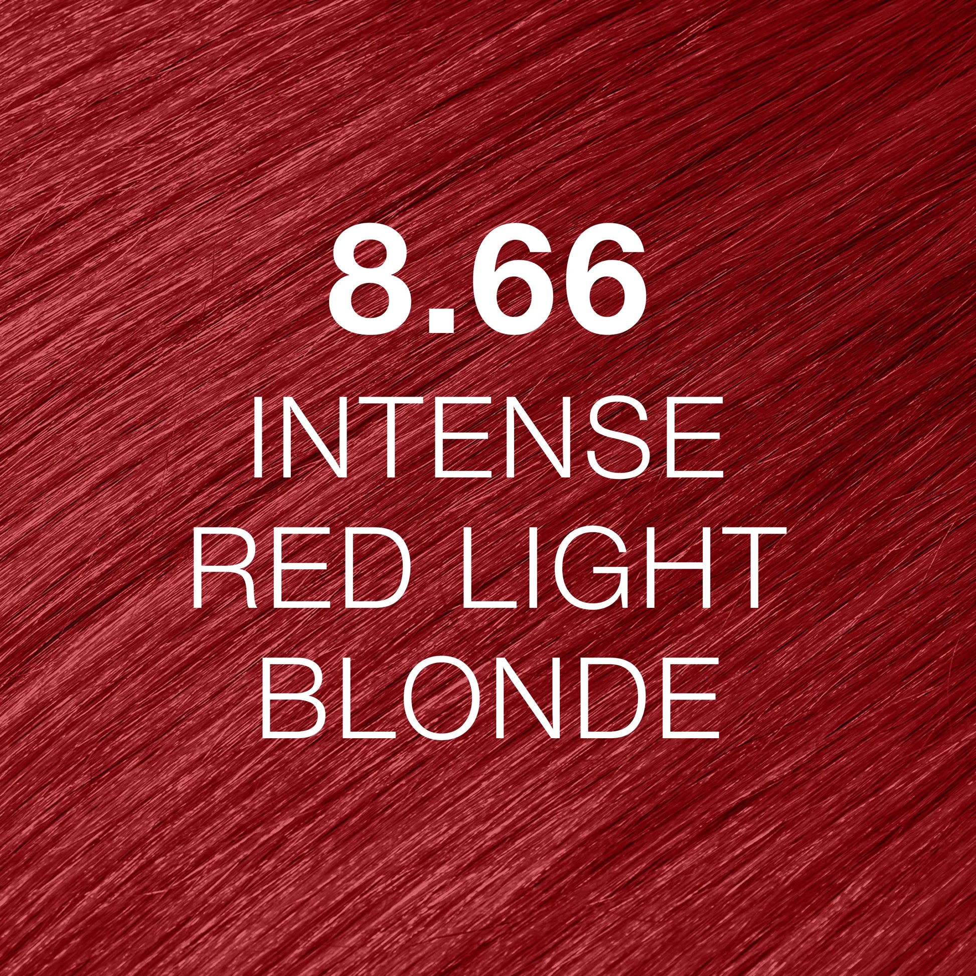 Silky hair texture showcasing the GK Hair's Juxevin Cream Color "8.66 Intense Red Light Blonde" in bold white text.
