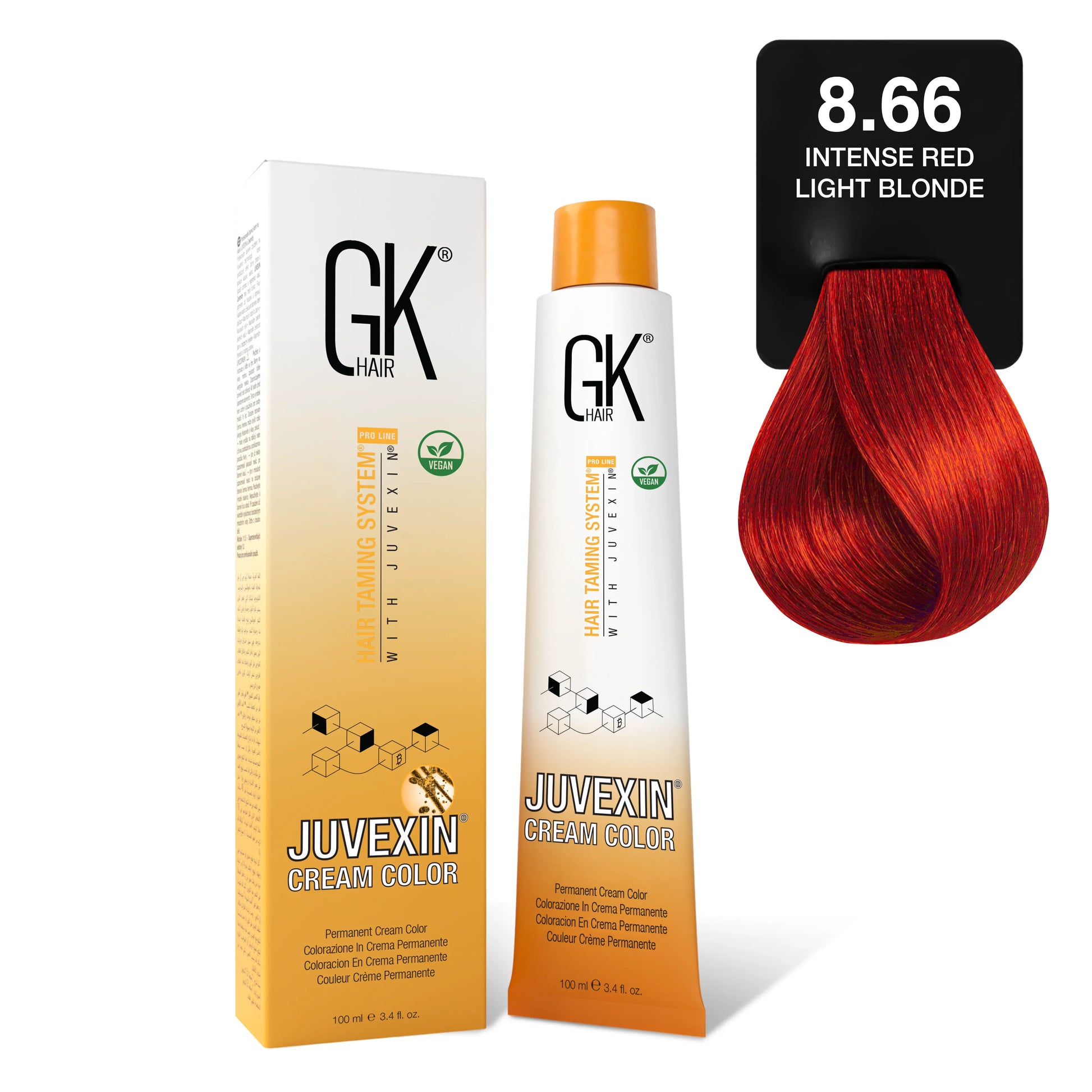 GK Hair's Juvexin 8.66 Intense Red Light Blonde Cream Color product set including Volume Developer.
