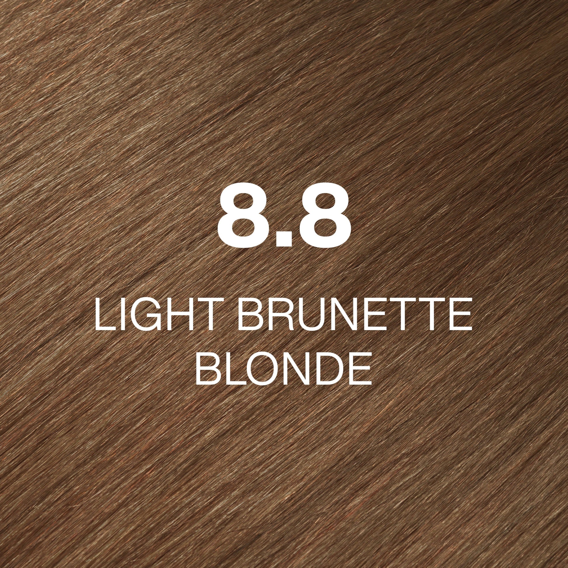 Silky hair texture showcasing the GK Hair's Juxevin Cream Color "8.8 Super Intense Brown" in bold white text.