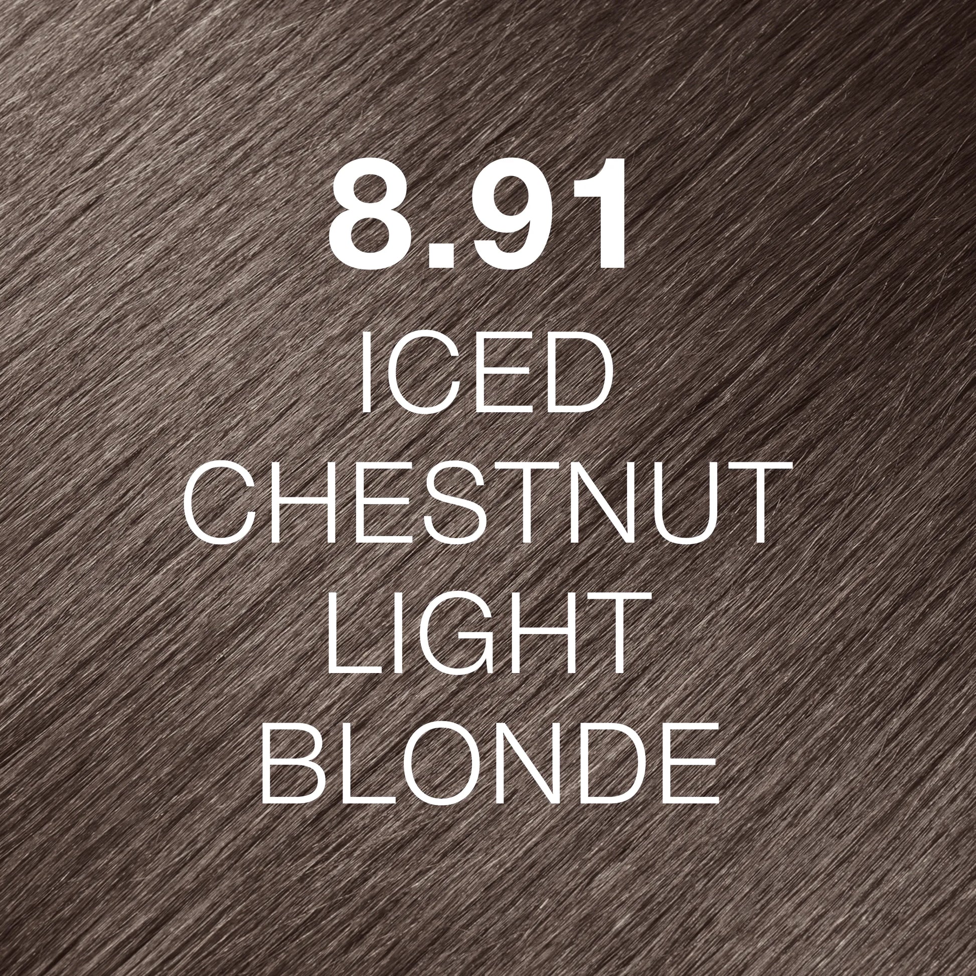 Silky hair texture showcasing the GK Hair's Juxevin Cream Color "Iced Chestnut Light Blonde" in bold white text.