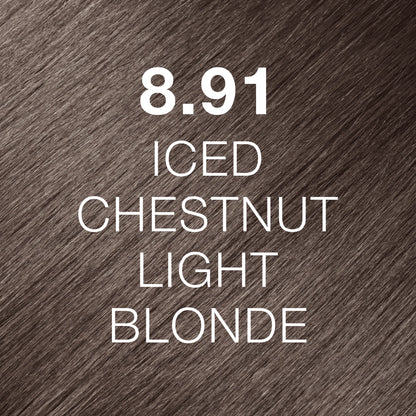 Silky hair texture showcasing the GK Hair's Juxevin Cream Color "Iced Chestnut Light Blonde" in bold white text.