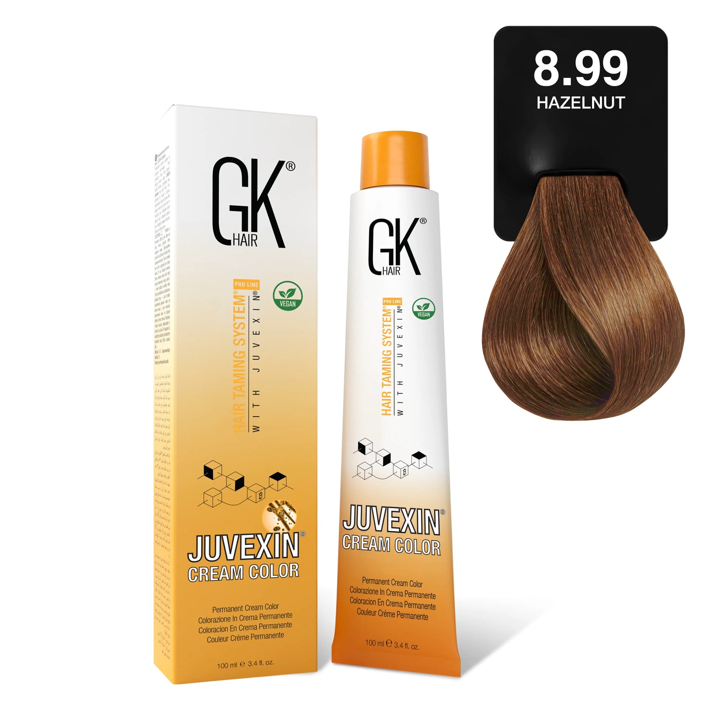GK Hair's Juvexin 8.99 Hazelnut Cream Color product set including Volume Developer.