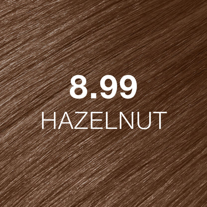 Silky hair texture showcasing the GK Hair's Juxevin Cream Color "8.99 Hazelnut" in bold white text.