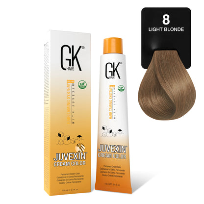 GK Hair's Juvexin 8 Light Blonde Cream Color product set including Volume Developer.