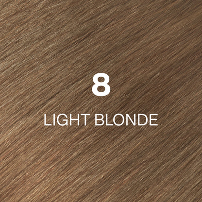 Silky hair texture showcasing the GK Hair's Juxevin Cream Color "8 Light Blonde" in bold white text.