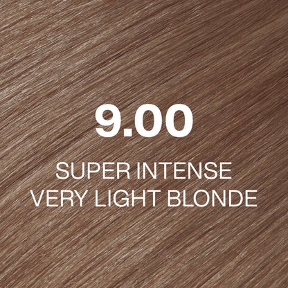 Silky hair texture showcasing the GK Hair's Juxevin Cream Color "9.00 Super Intense Very Light Blonde" in bold white text.
