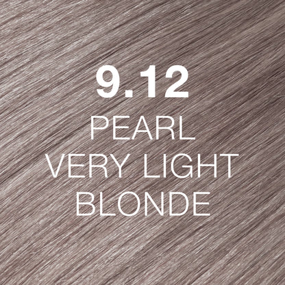 Silky hair texture showcasing the GK Hair's Juxevin Cream Color "9.12 Pearl Very Light Blonde" in bold white text.