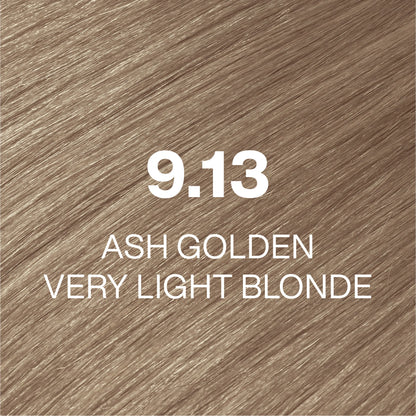 Silky hair texture showcasing the GK Hair's Juxevin Cream Color "9.13 Ash Golden Very LIght Blonde" in bold white text.