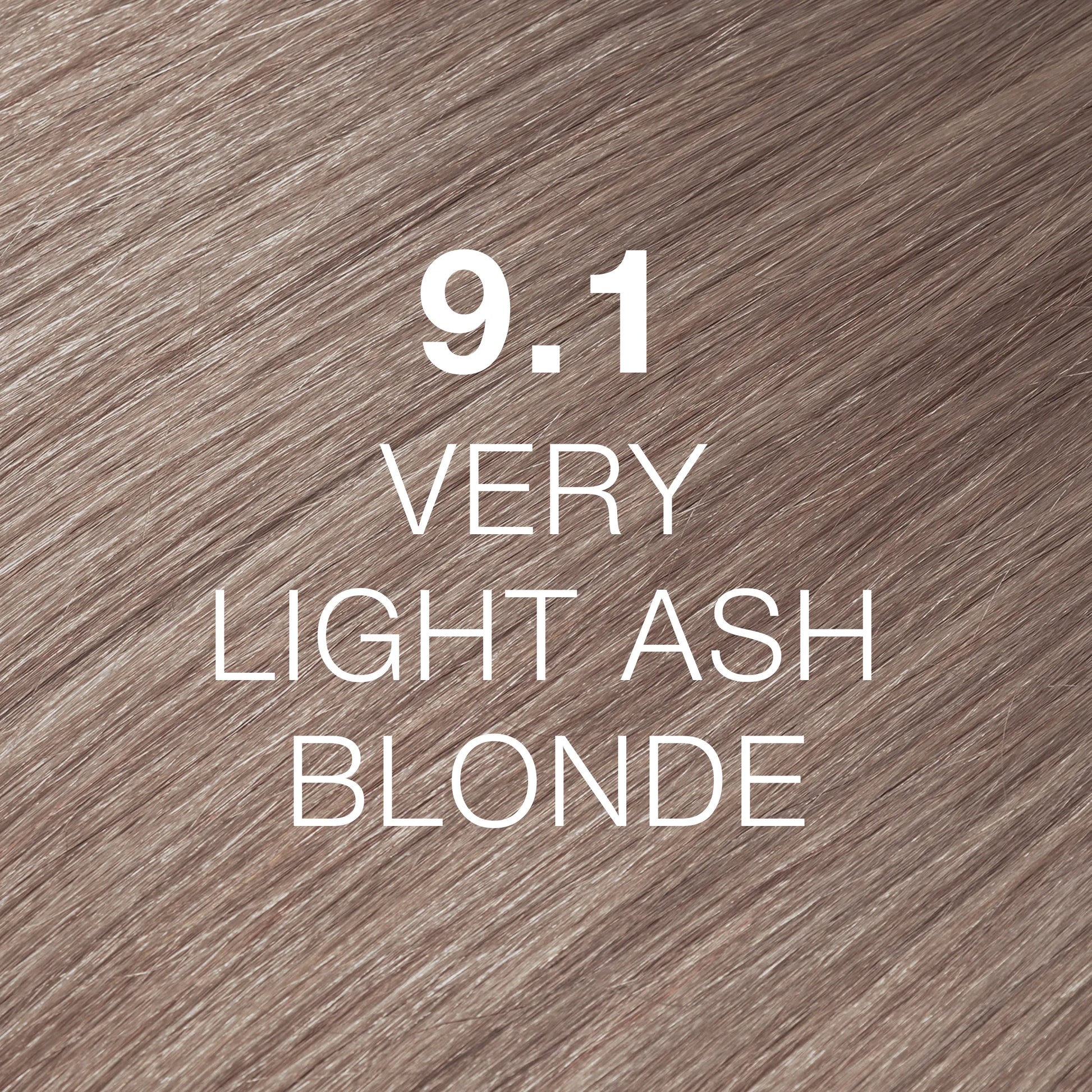 Silky hair texture showcasing the GK Hair's Juxevin Cream Color "9.1 Very Light Ash Blonde" in bold white text.
