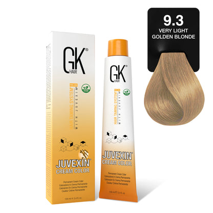 GK Hair's Juvexin 9.3 Very Light Golden Blonde Cream Color product set including Volume Developer.