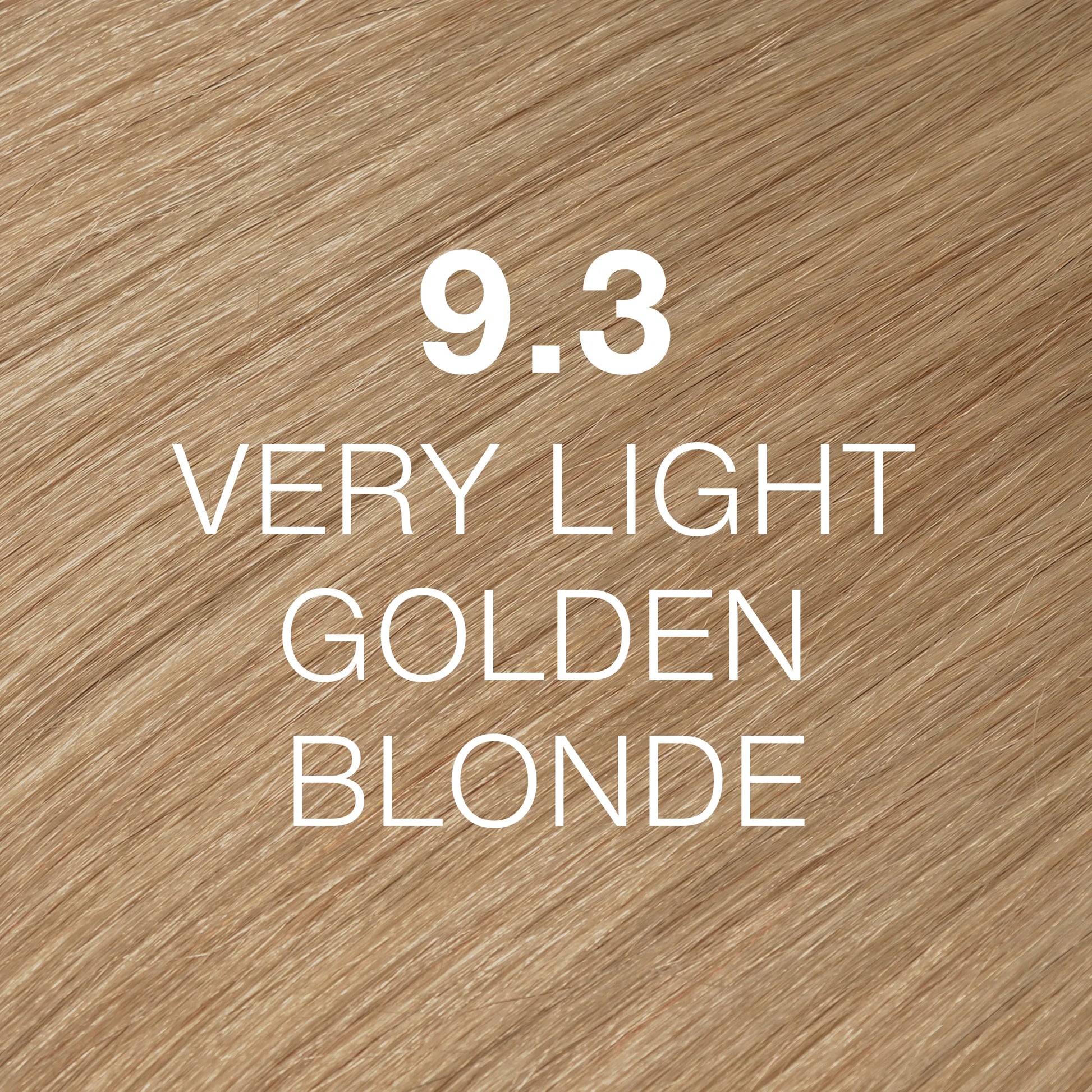 Silky hair texture showcasing the GK Hair's Juxevin Cream Color "9.3 Very Light Golden Blonde" in bold white text.