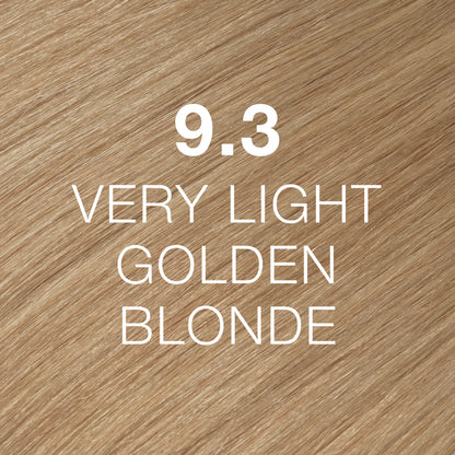 Silky hair texture showcasing the GK Hair's Juxevin Cream Color "9.3 Very Light Golden Blonde" in bold white text.