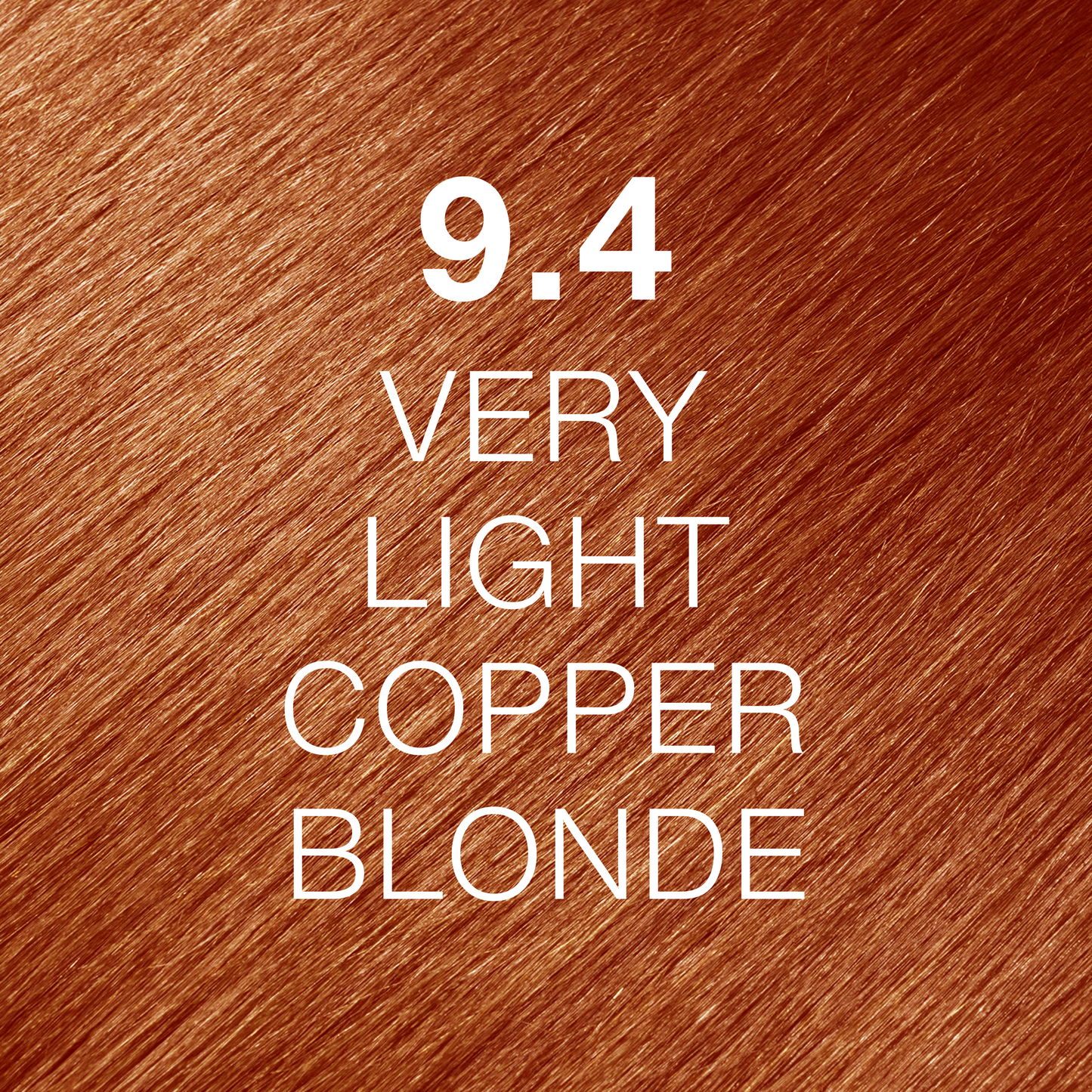 Silky hair texture showcasing the GK Hair's Juxevin Cream Color "9.4 Very Light Copper Blonde" in bold white text.