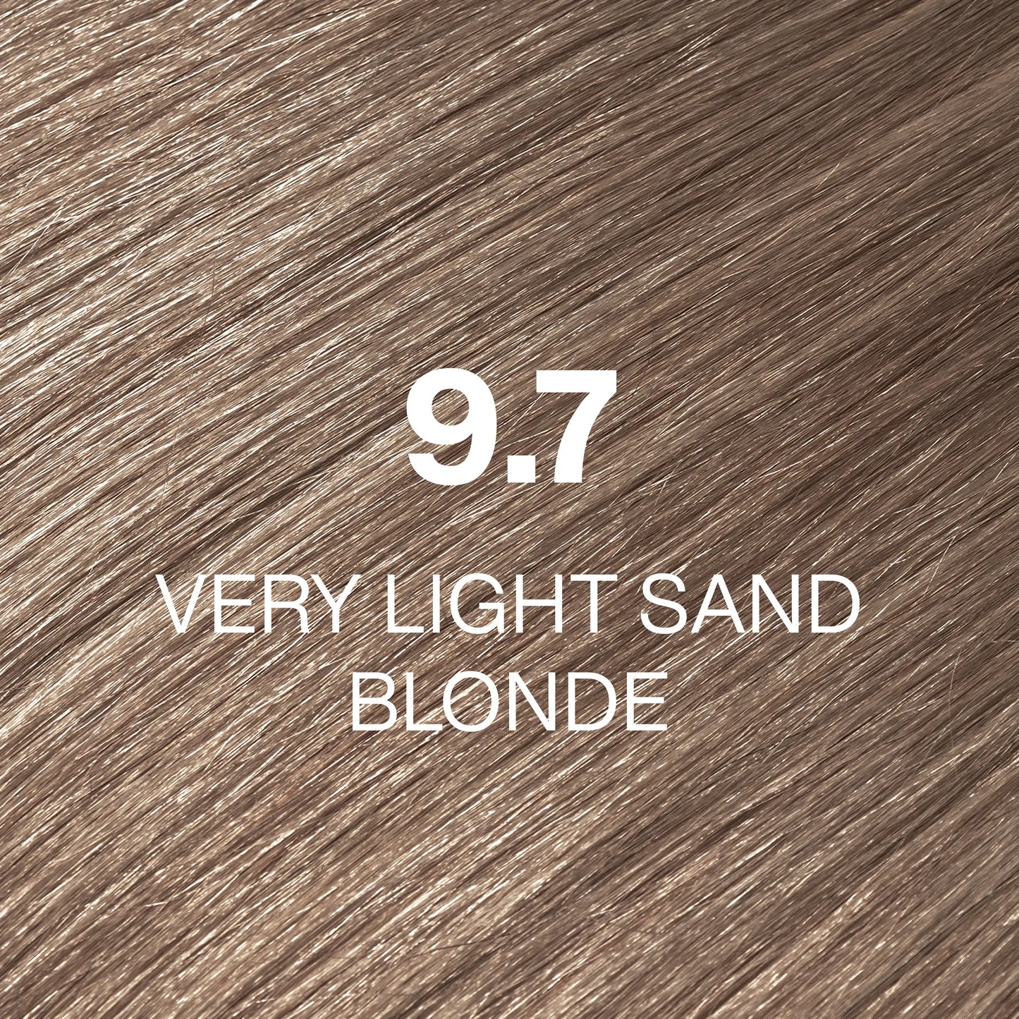 Silky hair texture showcasing the GK Hair's Juxevin Cream Color "9.7 Very Light Sand Blonde" in bold white text.