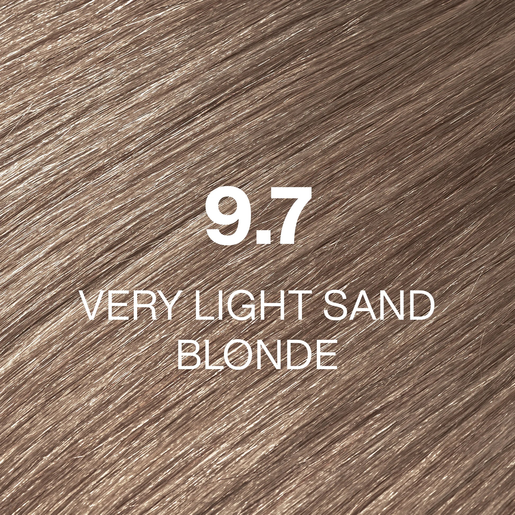 Silky hair texture showcasing the GK Hair's Juxevin Cream Color "9.7 Very Light Sand Blonde" in bold white text.