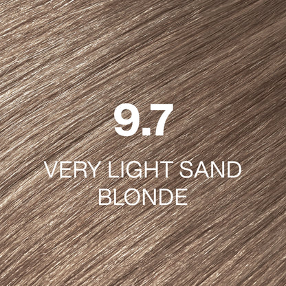 Silky hair texture showcasing the GK Hair's Juxevin Cream Color "9.7 Very Light Sand Blonde" in bold white text.