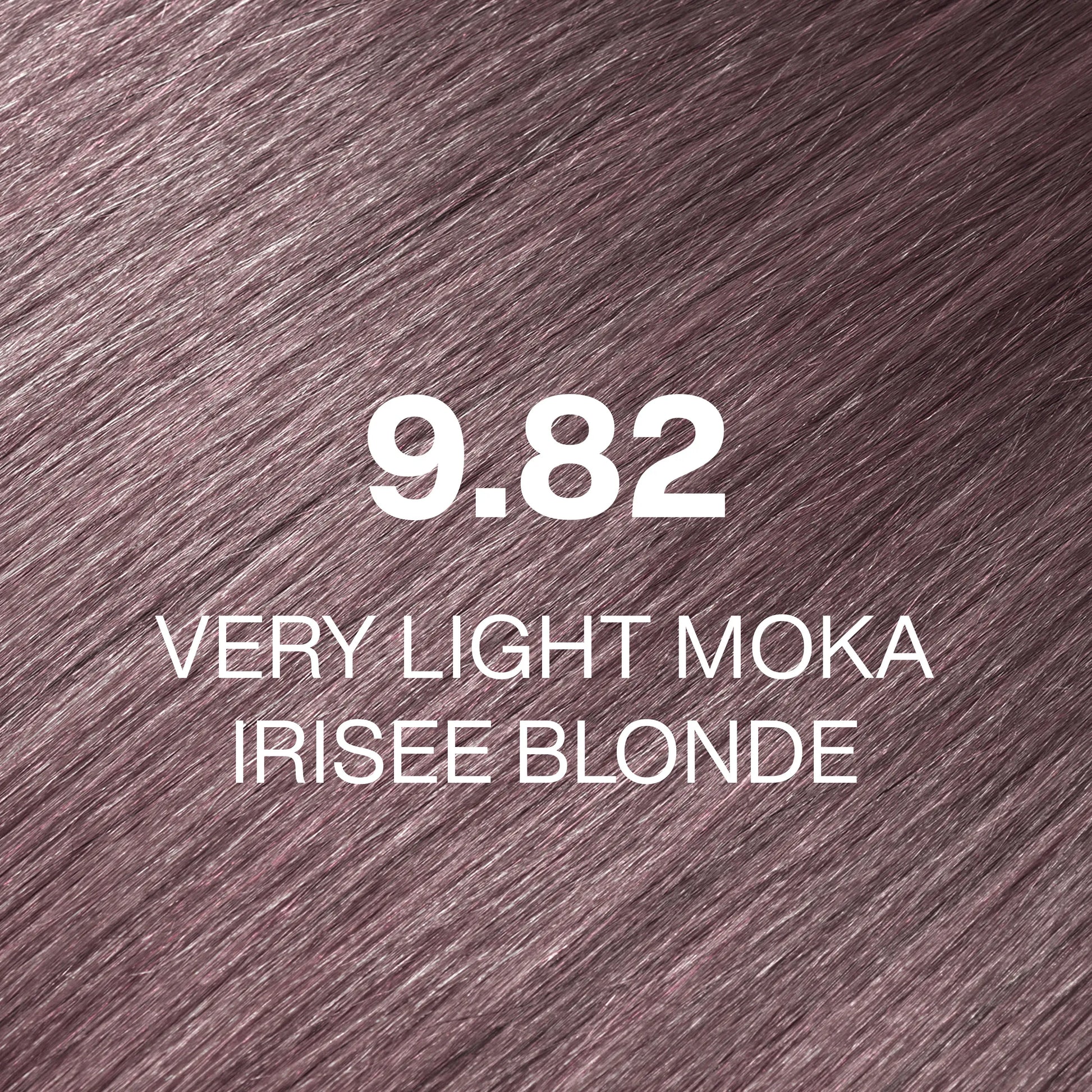 Silky hair texture showcasing the GK Hair's Juxevin Cream Color "9.82 Very Light Moka Irisee Blonde" in bold white text.