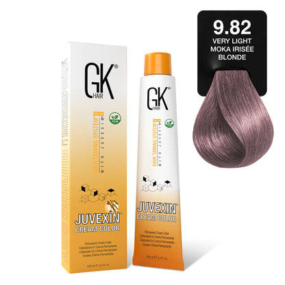 GK Hair's Juvexin 9.82 Very Light Moka Irisee Blonde Cream Color product set includes Volume Developer.