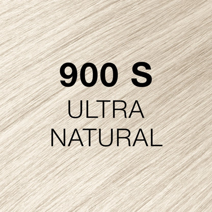 Silky hair texture showcasing the GK Hair's Juxevin Cream Color "900S Ultra Natural" in bold white text.