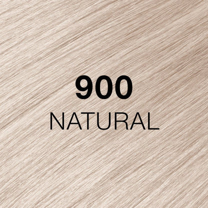 Silky hair texture showcasing the GK Hair's Juxevin Cream Color "900 Natural" in bold white text.
