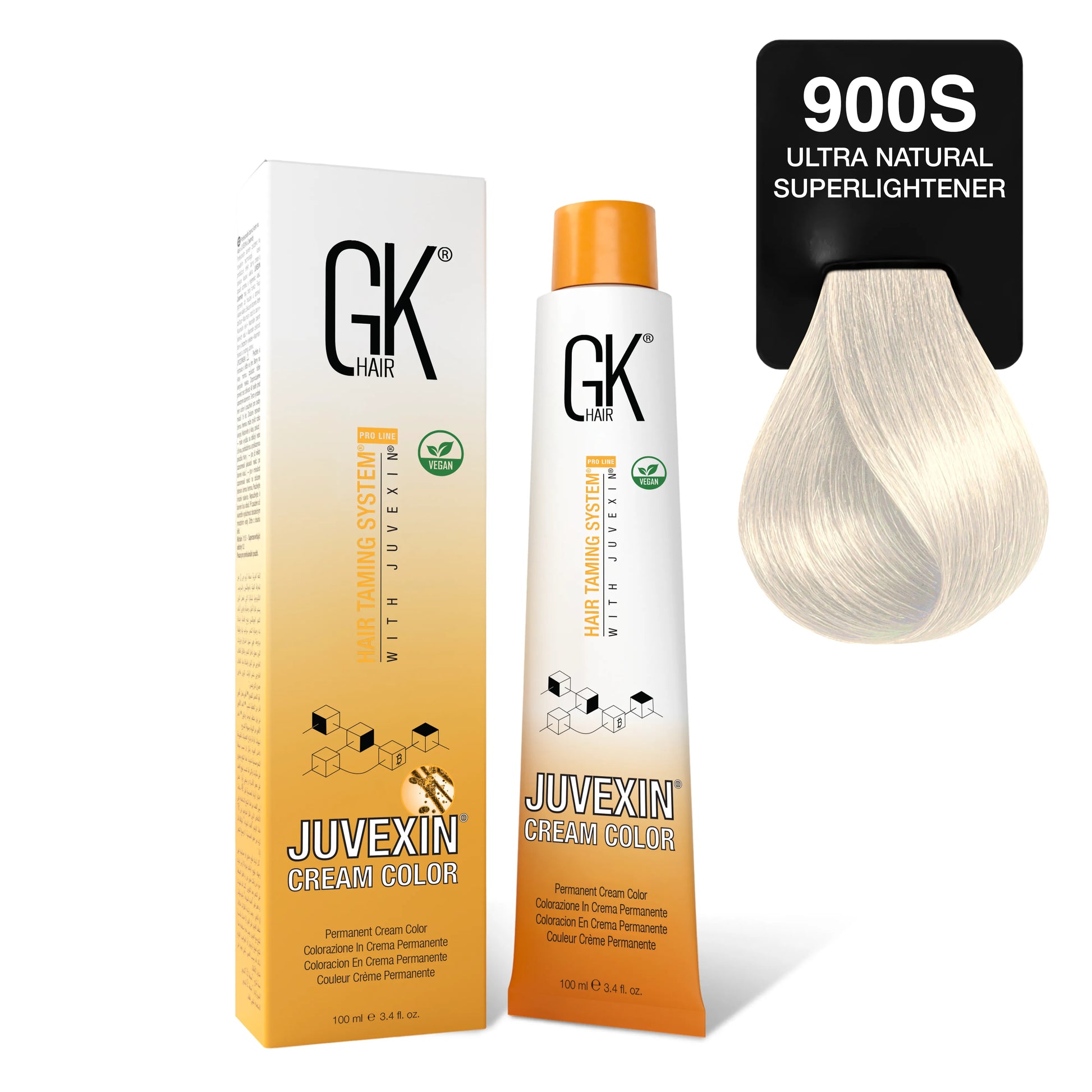 GK Hair's Juvexin 900S Ultra Natural Superlightener Cream Color product set includes Volume Developer.