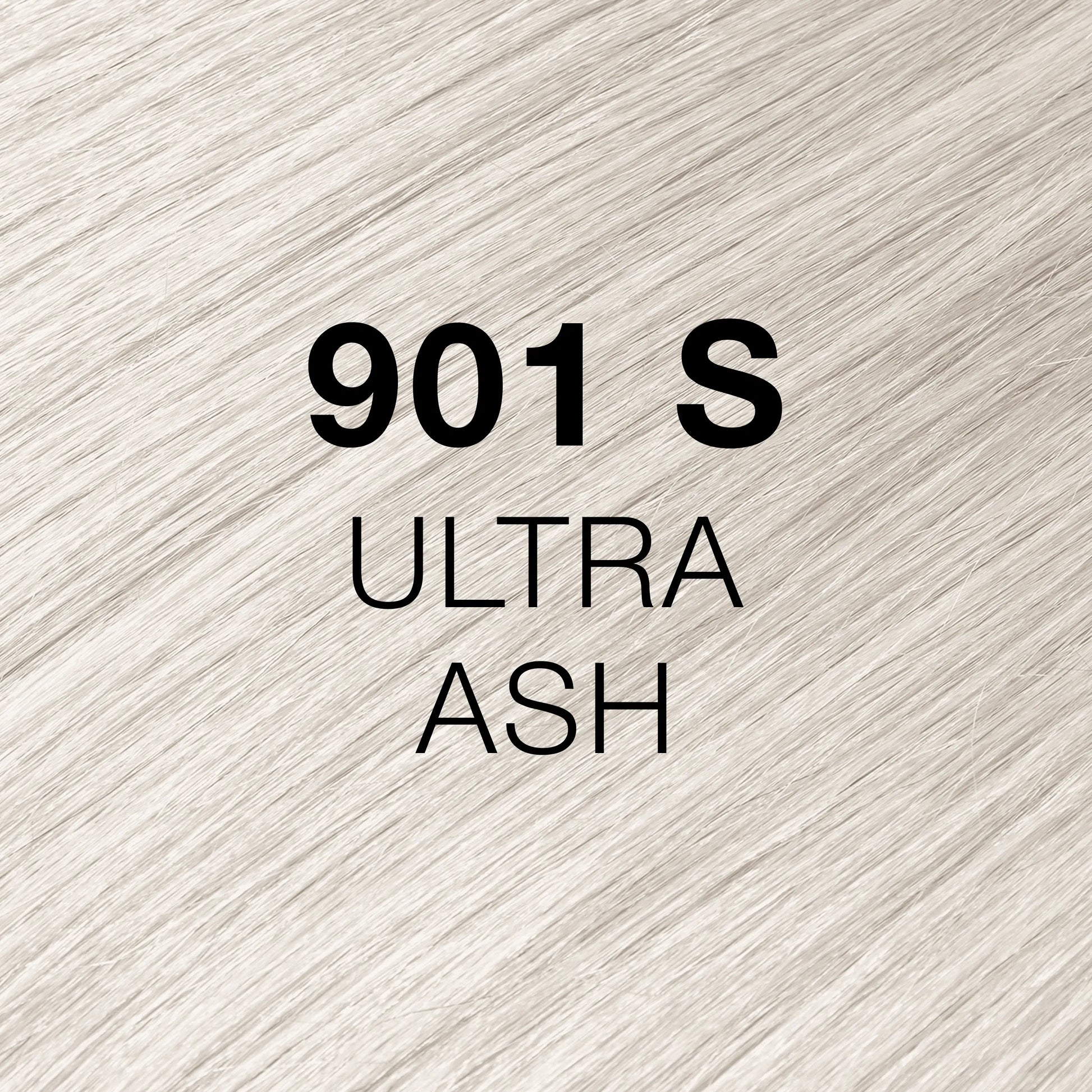 Silky hair texture showcasing the GK Hair's Juxevin Cream Color "901S Ultra Ash" in bold white text.