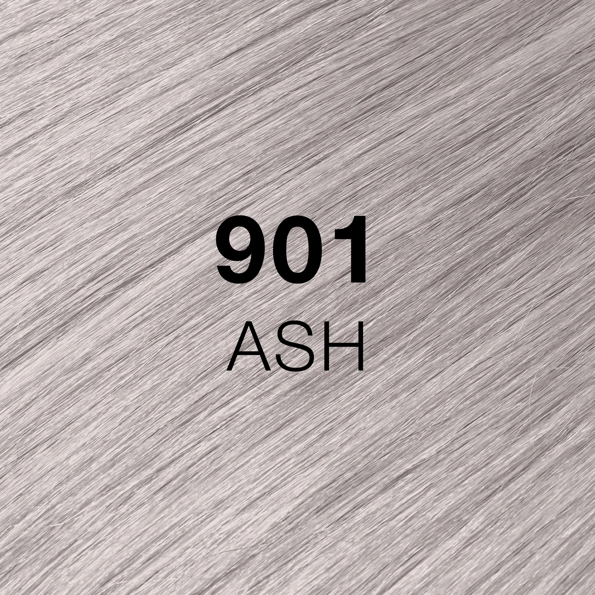 Silky hair texture showcasing the GK Hair's Juxevin Cream Color "901 Ash Hair Texture" in bold white text.