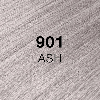 Silky hair texture showcasing the GK Hair's Juxevin Cream Color "901 Ash Hair Texture" in bold white text.