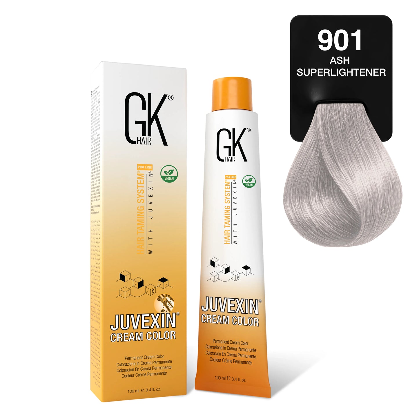 GK Hair's Juvexin 901 Ash Superlightener Cream Color product set includes Volume Developer.