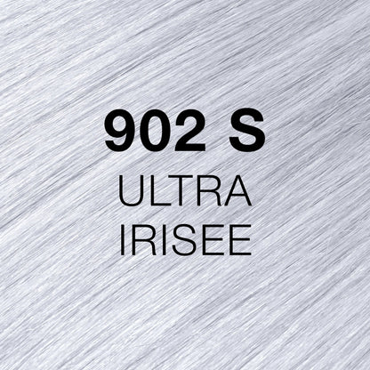 Silky hair texture showcasing the GK Hair's Juxevin Cream Color "902S Ultra Irisee" in bold white text.
