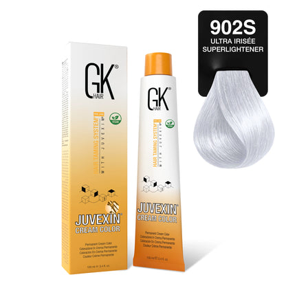 GK Hair's Juvexin 902S Ultra Irisee Superlightener Cream Color product set includes Volume Developer.