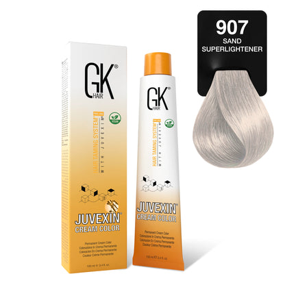 GK Hair's Juvexin 907 Sand Superlightener Cream Color product set includes Volume Developer.