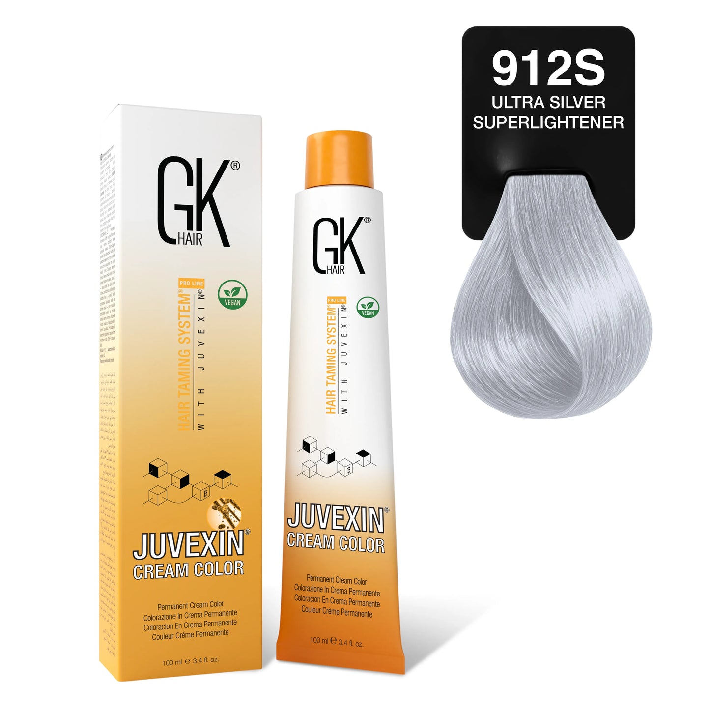 GK Hair's Juvexin 912S Ultra Silver Superlightener Cream Color product includes Volume Developer.