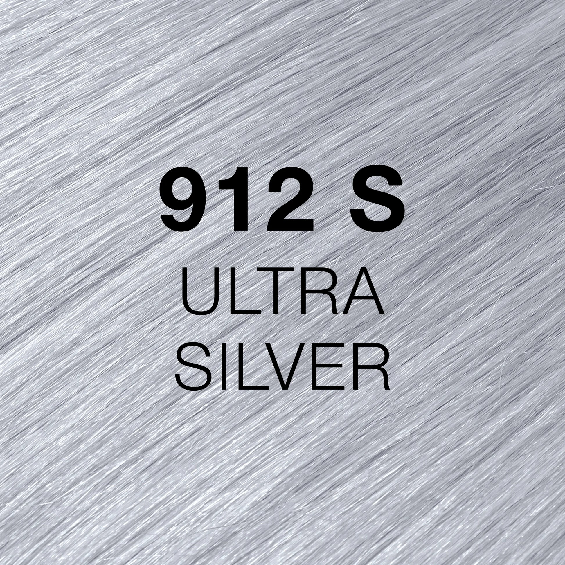 Silky hair texture showcasing the GK Hair's Juxevin Cream Color "912S Ultra Silver" in bold white text.