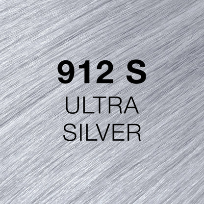 Silky hair texture showcasing the GK Hair's Juxevin Cream Color "912S Ultra Silver" in bold white text.
