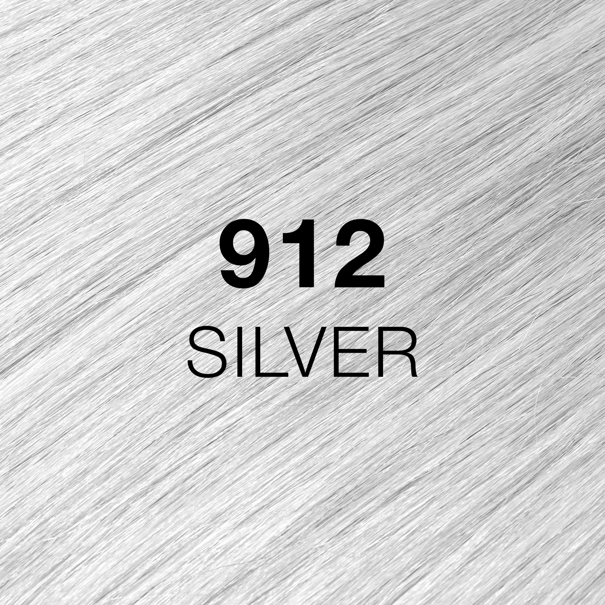 Silky hair texture showcasing the GK Hair's Juxevin Cream Color "912 Silver" in bold white text.