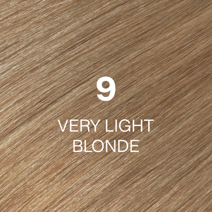 Silky hair texture showcasing the GK Hair's Juxevin Cream Color "9 Very Blonde Hair Texture Blonde" in bold white text.