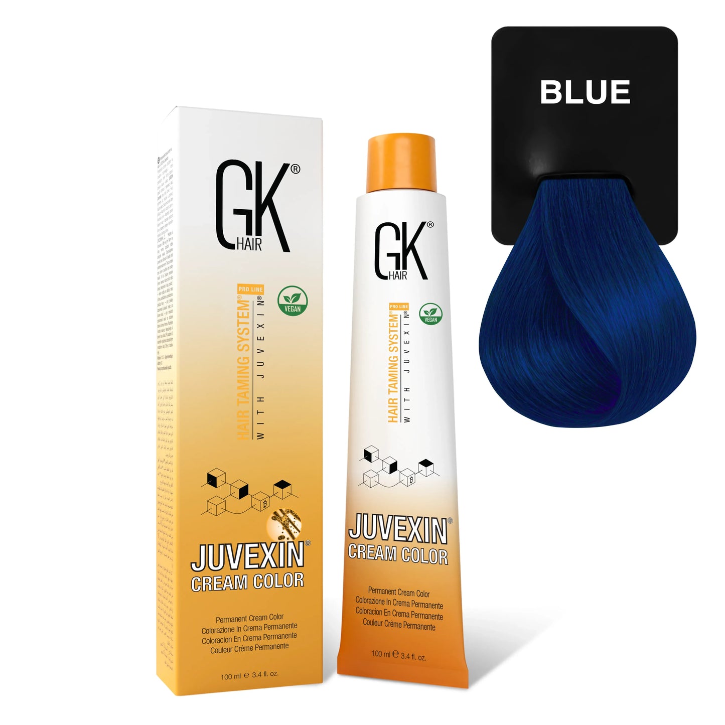 GK Hair's Juvexin Blue Cream Color product set including Volume Developer with White Background.