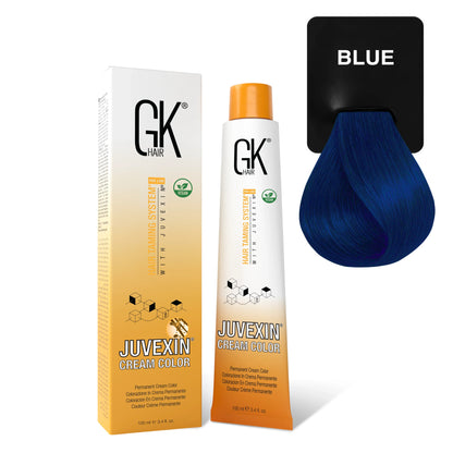 GK Hair's Juvexin Blue Cream Color product set including Volume Developer with White Background.